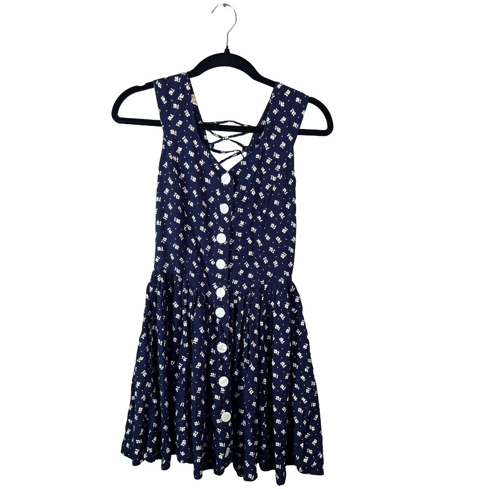 Vintage 90s Navy Blue Floral Button Front Lace Up Back Sun Dress XL